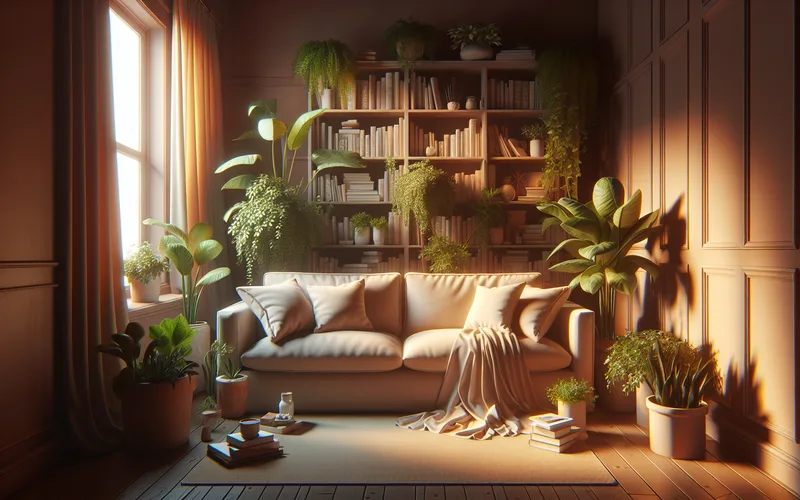Salon cosy avec &eacute;clairage chaleureux, canap&eacute; confortable, plantes et livres, se sentir chez soi