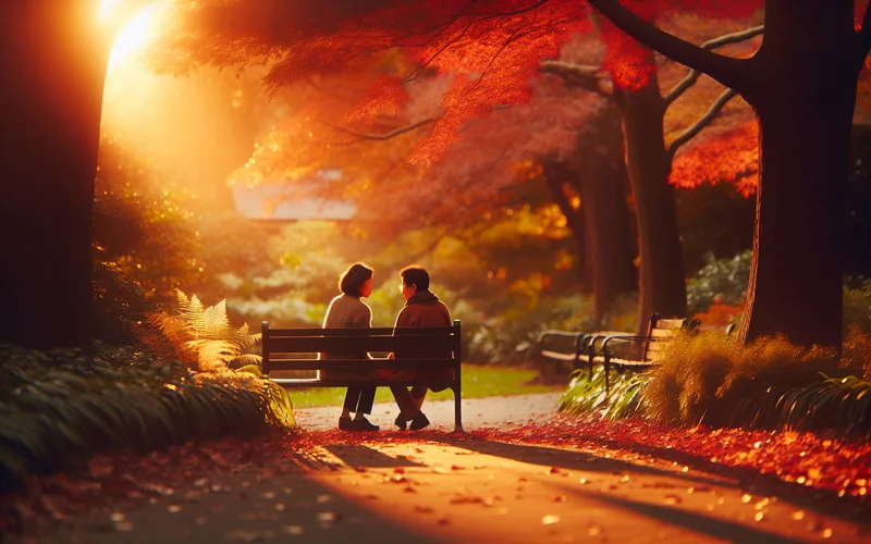Parent et adolescent assis ensemble sur un banc de parc en automne, conversation bienveillante