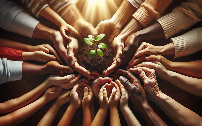 Mains de générations différentes tenant une petite plante, symbole de soin et croissance