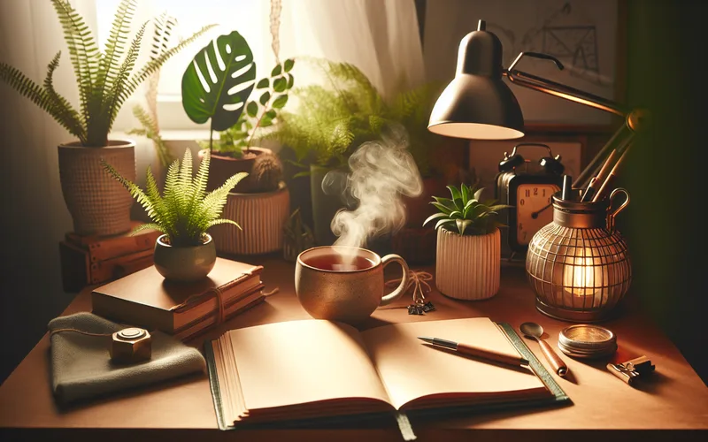 Bureau cosy avec journal ouvert, tasse de th&eacute; et lampe douce, bien-&ecirc;tre mental