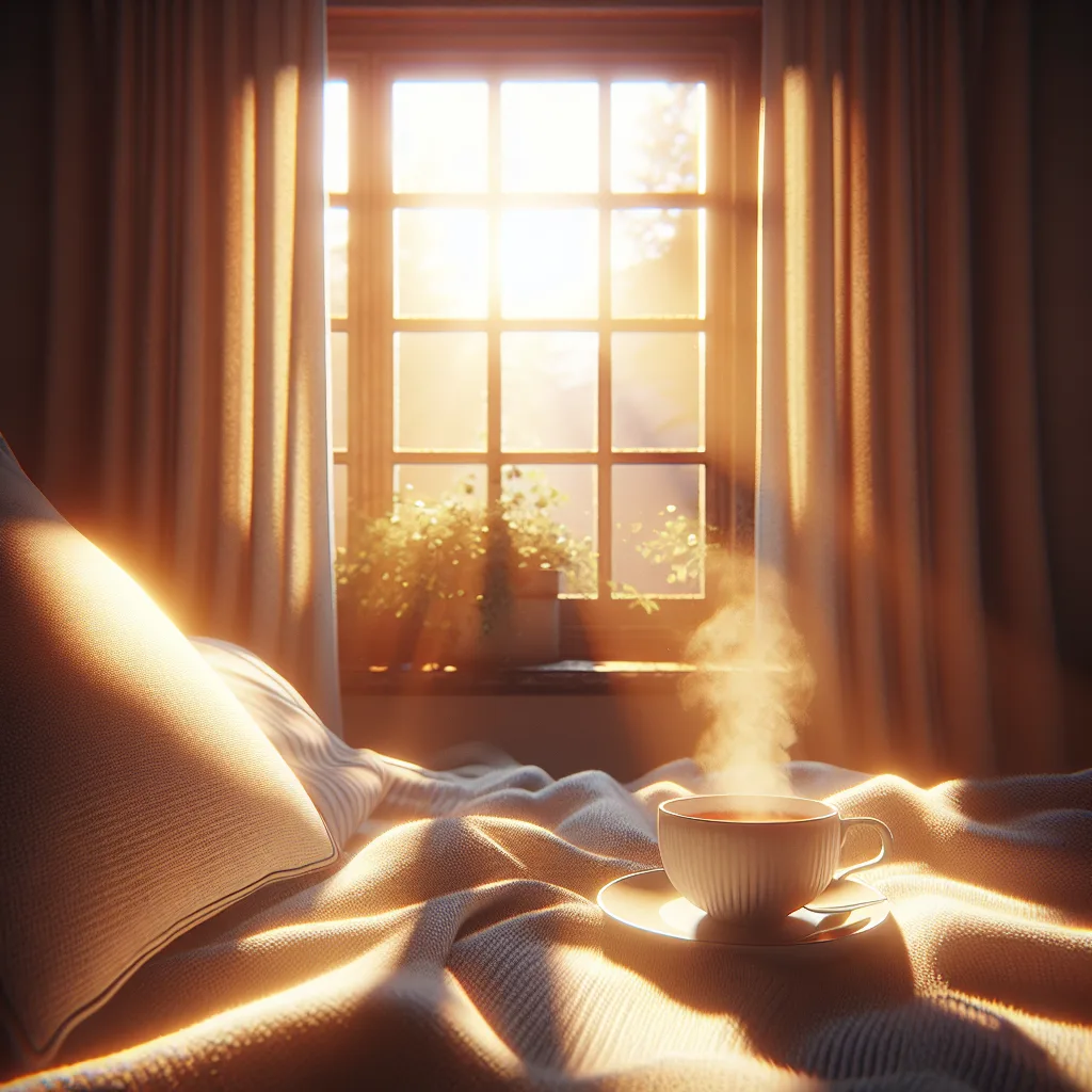 Lumière chaude passant par une fenêtre dans une pièce accueillante avec une tasse de thé, symbolisant le réconfort