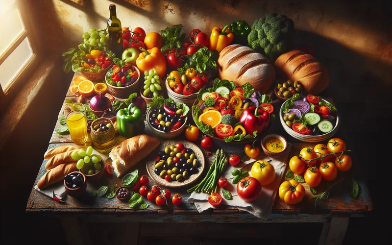 Repas m&eacute;diterran&eacute;en color&eacute; sur une table rustique, l&eacute;gumes et fruits dans une lumi&egrave;re naturelle chaleureuse