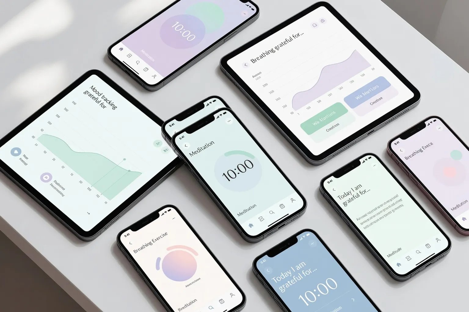 Collection de smartphones affichant des applications de bien-être mental