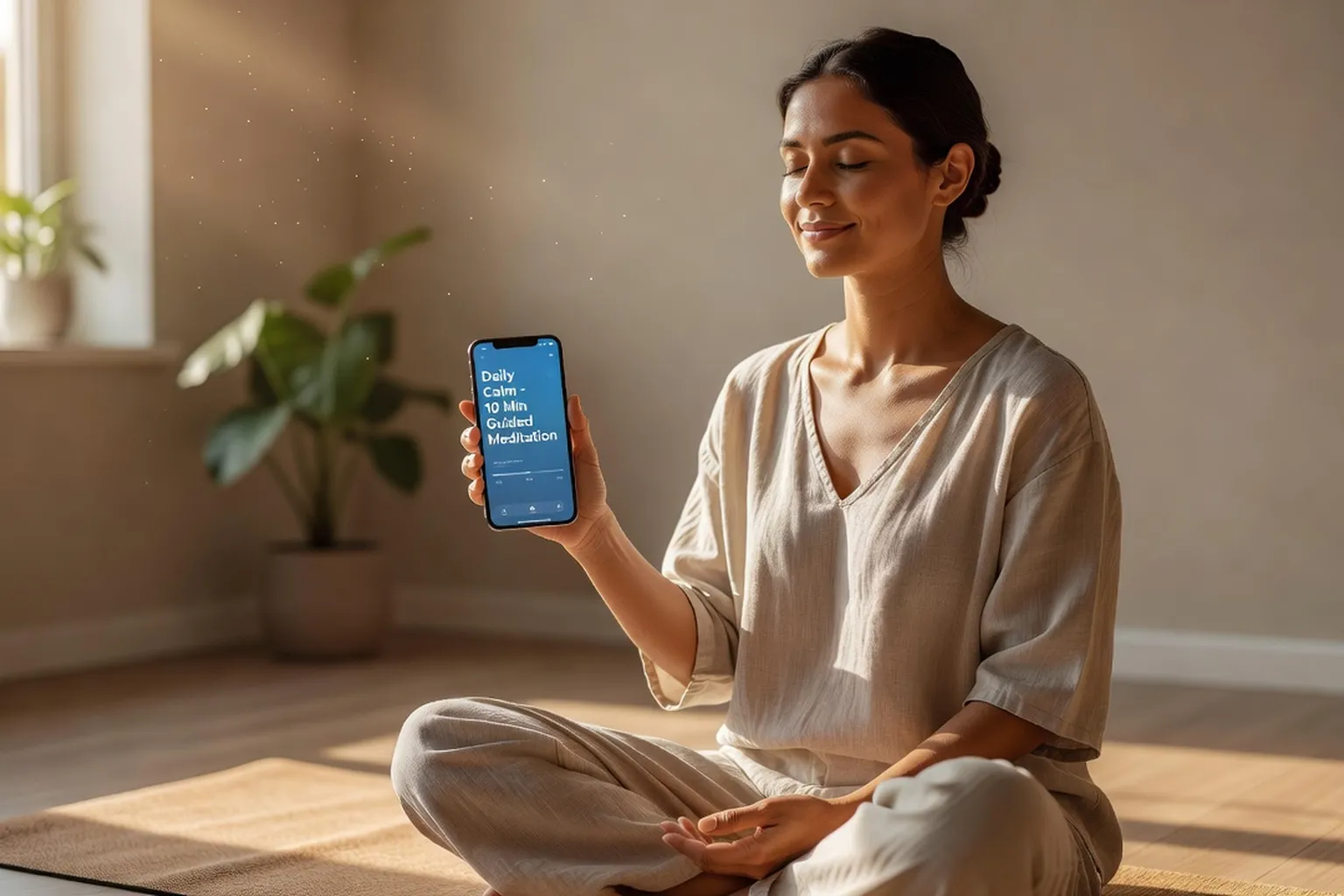 Personne utilisant une application de méditation sur son téléphone