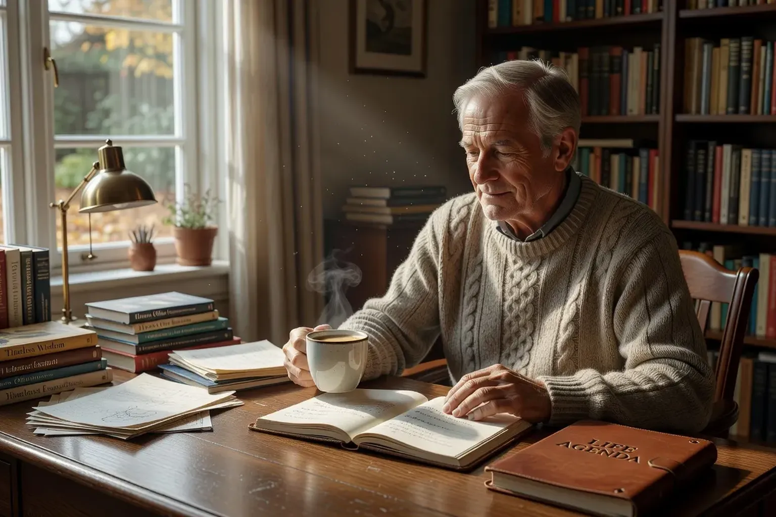Homme de 60 ans dans son bureau, expression préoccupée mais sereine, transition retraite
