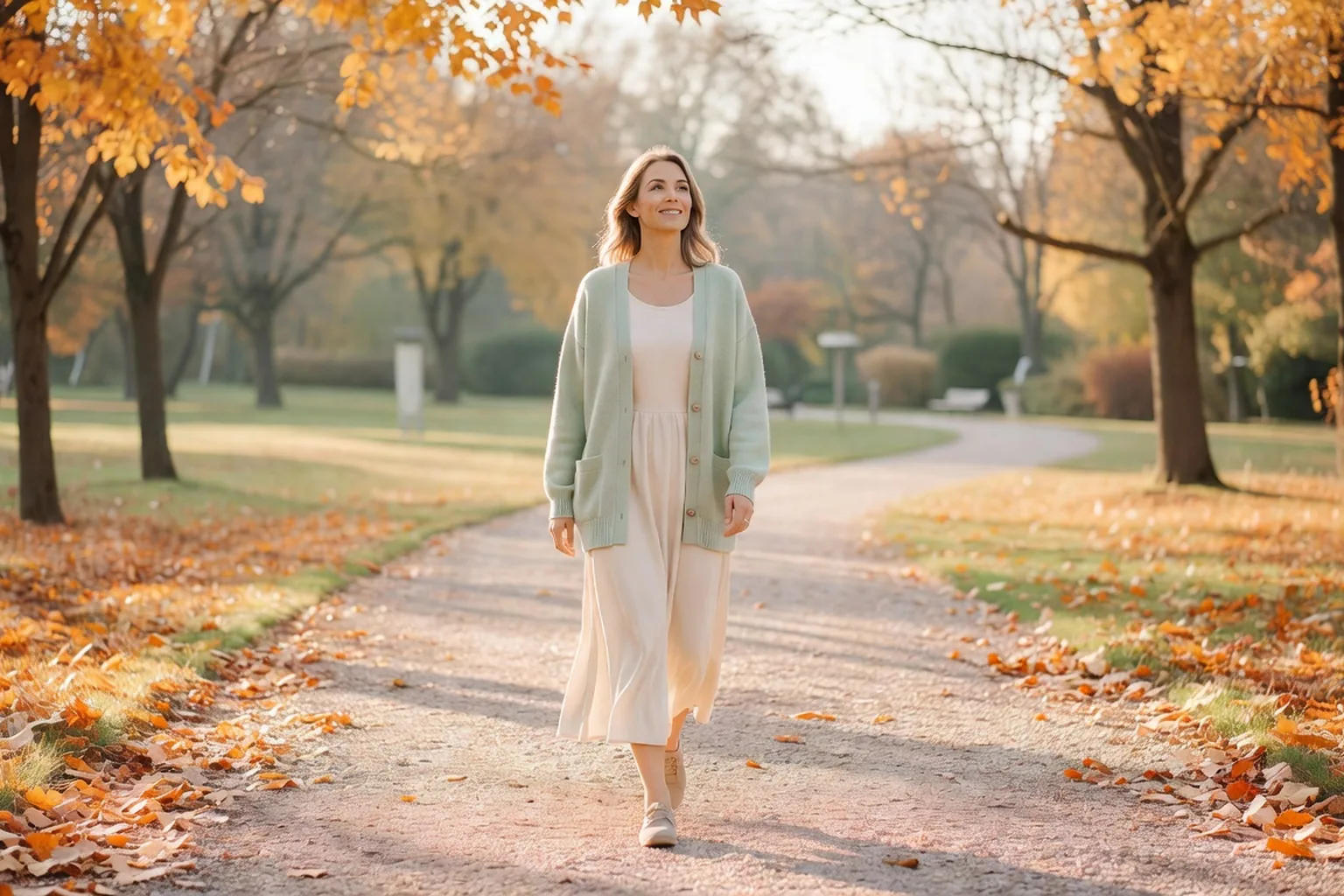 Femme marchant dans un parc ensoleillé en automne, démarche confiante, sentiment de renouveau