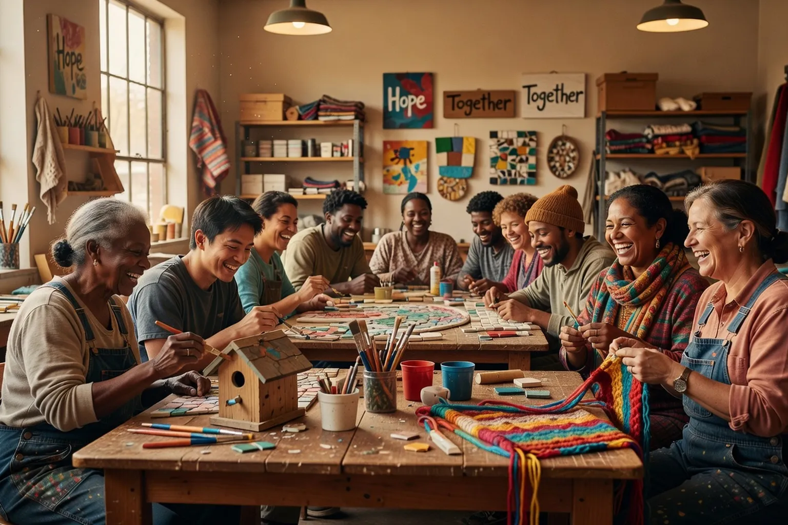 Groupe de personnes dans un atelier communautaire, reconstruction du lien social