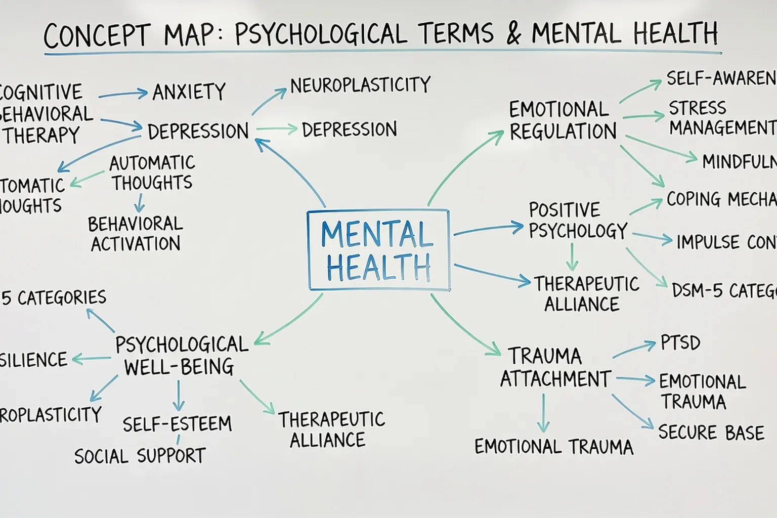 Tableau blanc avec des termes psychologiques connectés, concept map santé mentale
