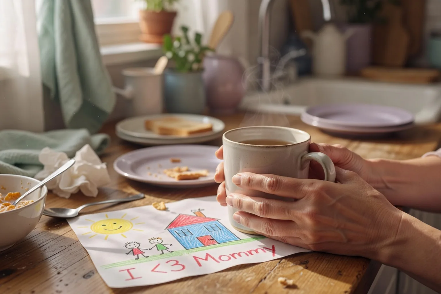 Mains tenant une tasse chaude dans une cuisine en désordre matinal, lumière douce, instant de pause silencieuse