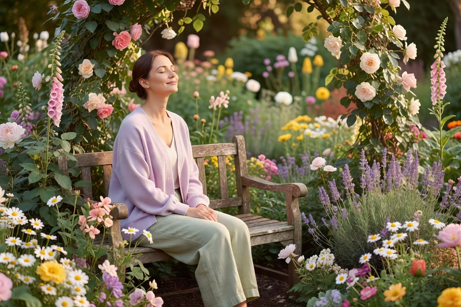 Mère prenant un moment paisible seule dans un jardin ensoleillé, yeux clos, respiration profonde
