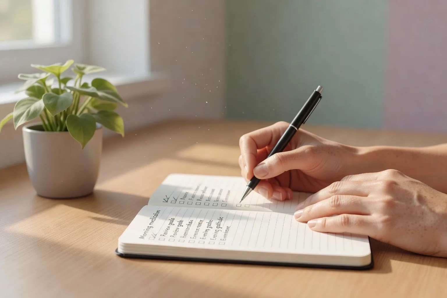 Mains écrivant dans une checklist sur un bureau ensoleillé, posture de réflexion paisible