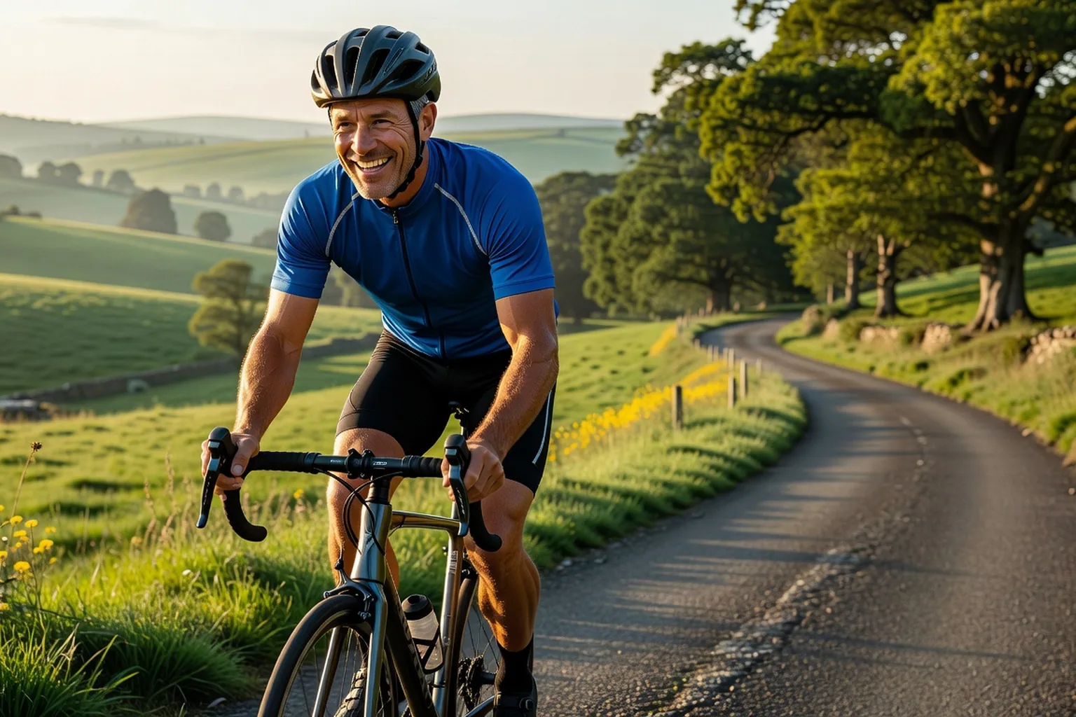 Homme 52 ans à vélo, activité physique contre la crise de la cinquantaine