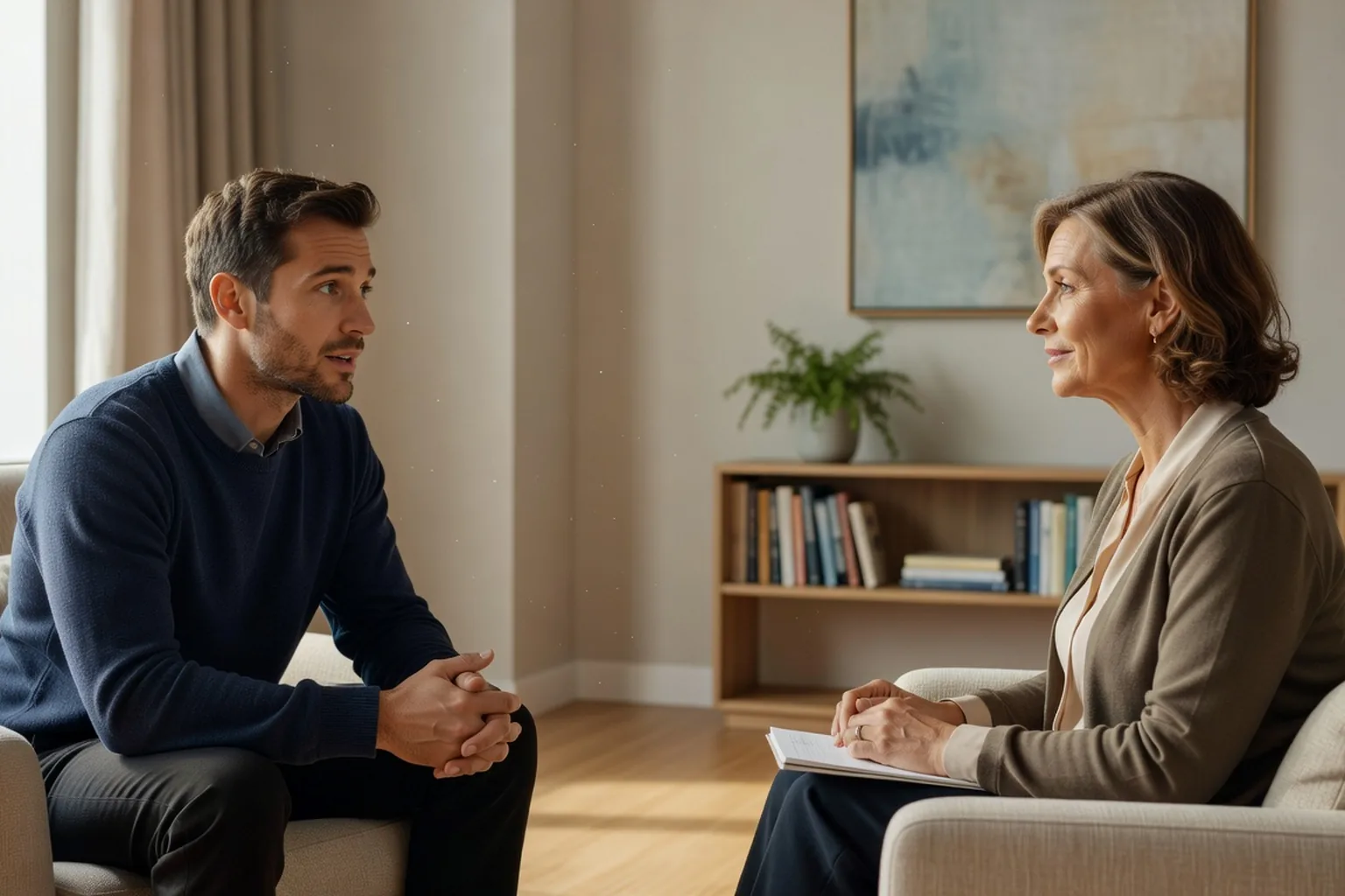 Homme en consultation psychologue, traverser la crise de la trentaine