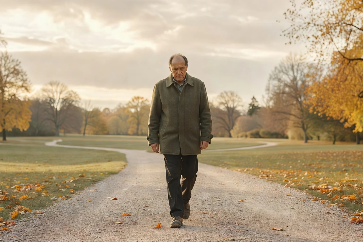 Homme d'âge mûr marchant seul sur un chemin de parc en automne, silhouette légèrement voûtée, illustrant le retrait social fréquent dans la dépression masculine