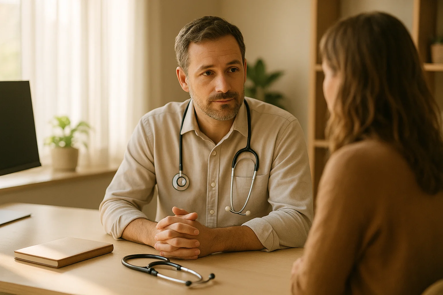 Médecin généraliste écoutant attentivement une patiente lors d'une consultation, carnet d'ordonnances et certificat médical sur le bureau