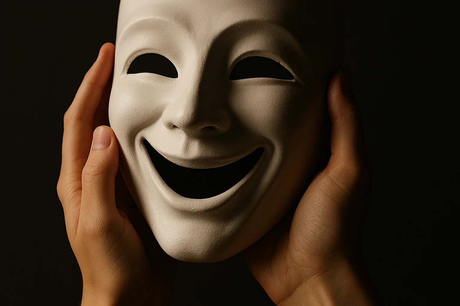 Masque théâtral blanc au sourire peint tenu dans deux mains sur fond sombre, symbole de la dépression masquée