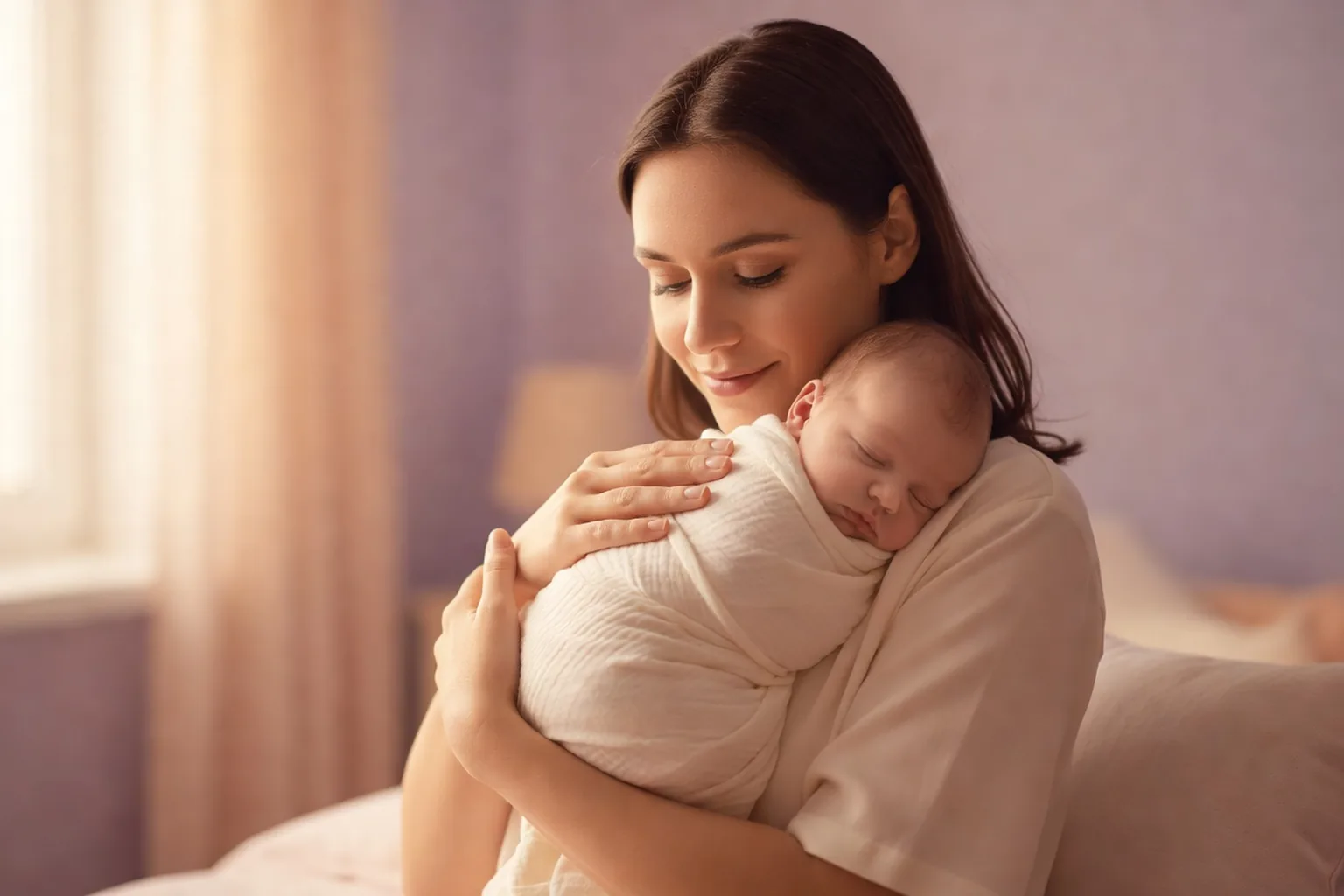 Mère tenant son nouveau-né dans une lumière douce et naturelle, lien maternel