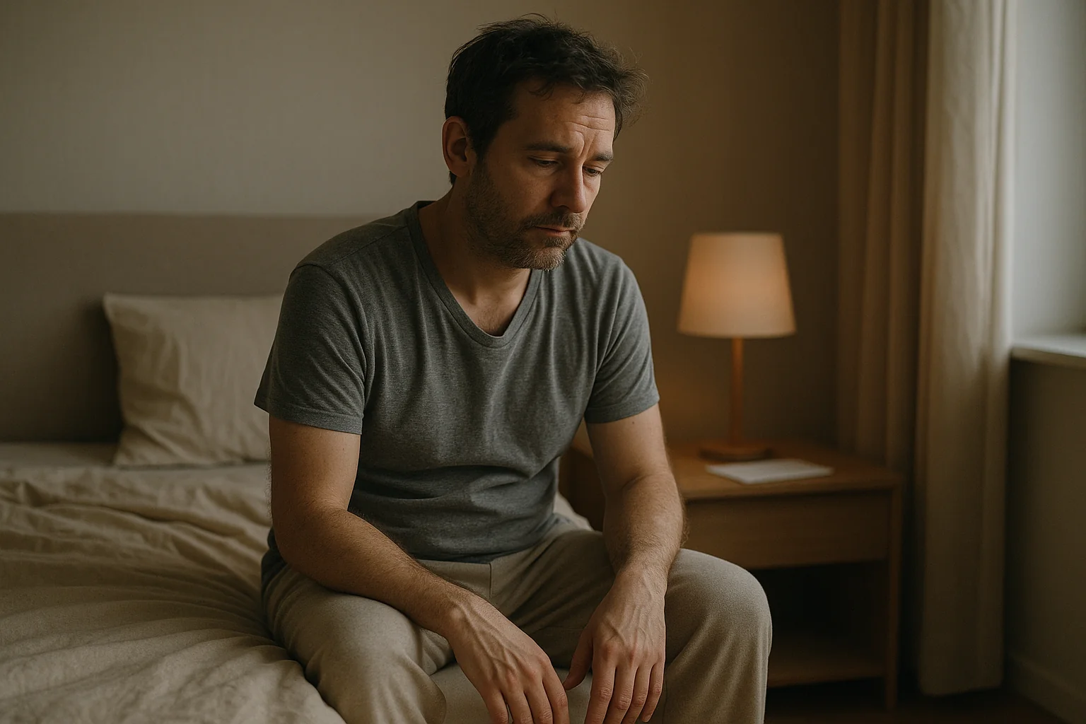 Homme assis au bord de son lit tôt le matin, mains sur les cuisses, regard baissé, dans une chambre encore sombre, épuisé avant même la journée