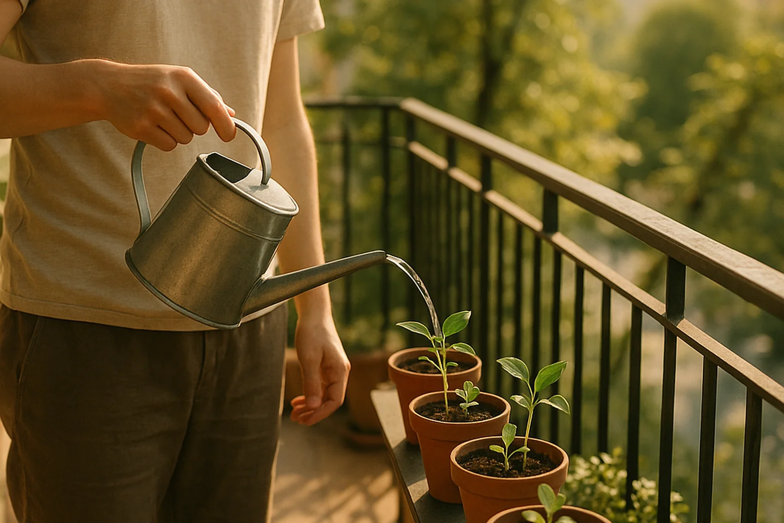 Personne arrosant des plantes sur un balcon ensoleillé, savourant un petit moment de plaisir simple retrouvé progressivement