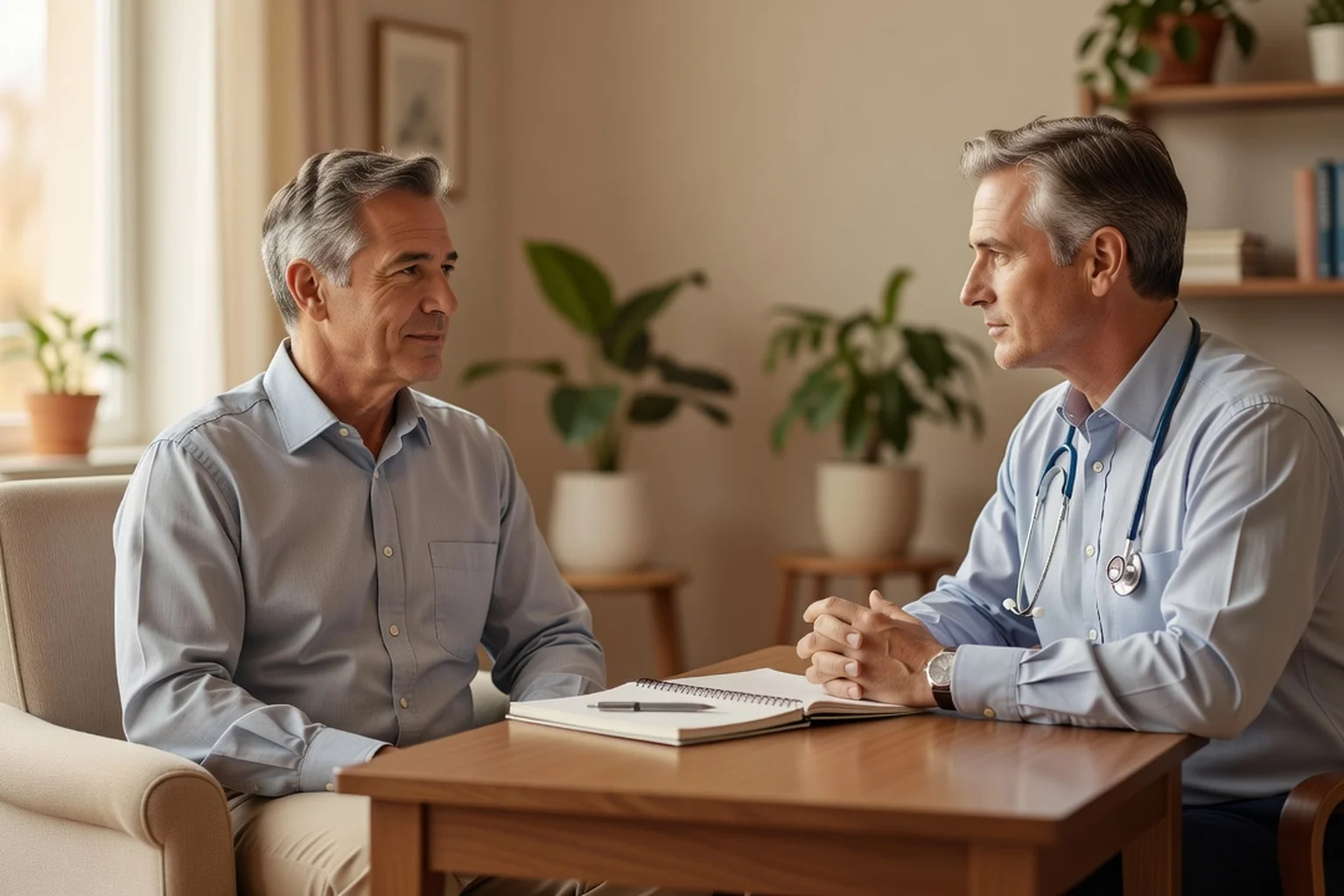 Homme mature en consultation, écoutant attentivement un médecin assis face à lui dans un cabinet lumineux et chaleureux