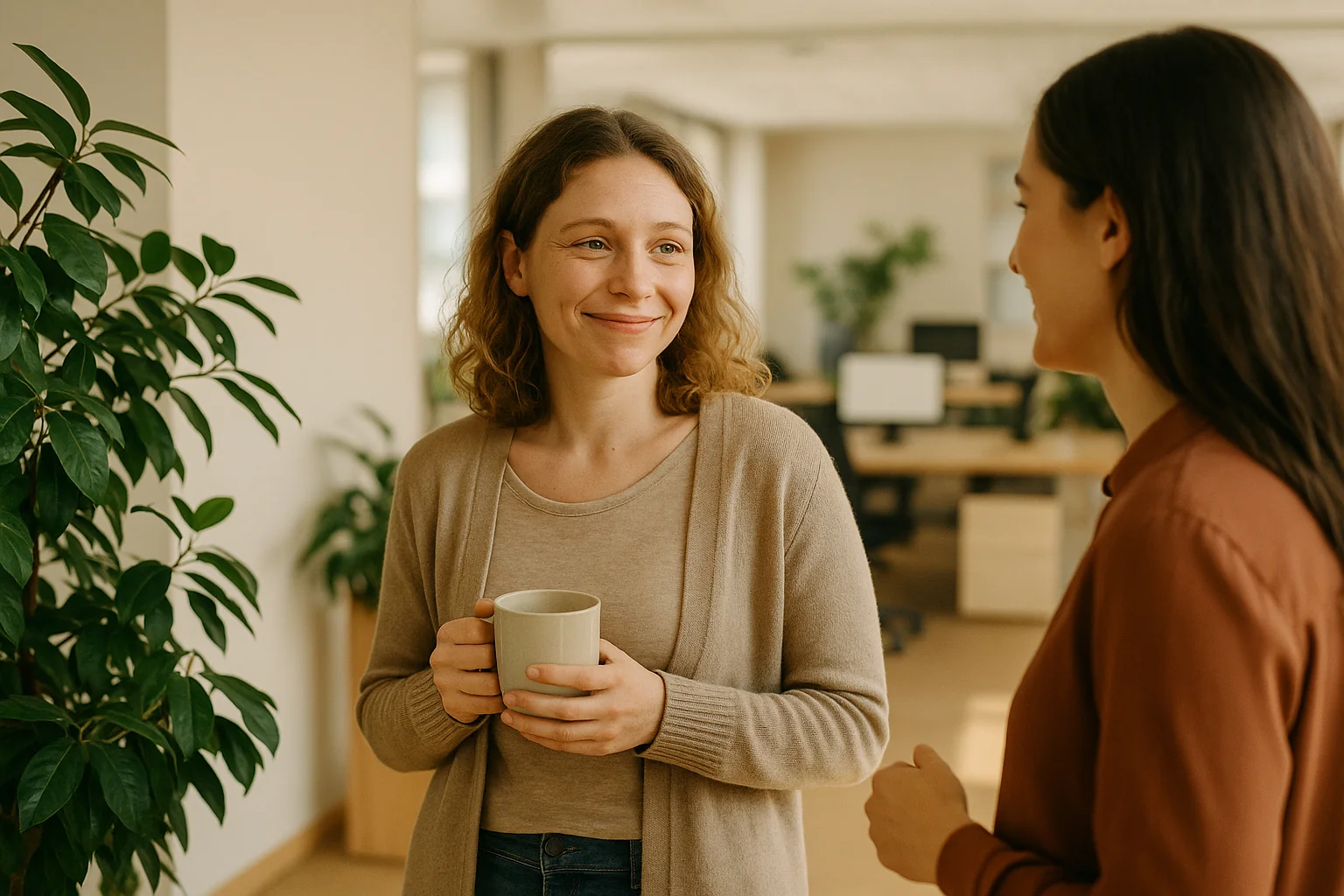 Salariée de retour au bureau, souriante mais concentrée, discutant avec une collègue lors d'une reprise progressive après un arrêt maladie