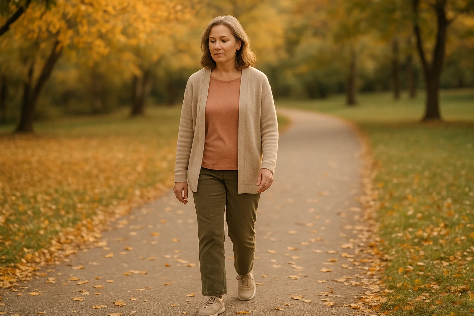 Personne marchant doucement seule dans un parc en automne, cherchant à doser son effort pour éviter le malaise post-effort, lumière douce