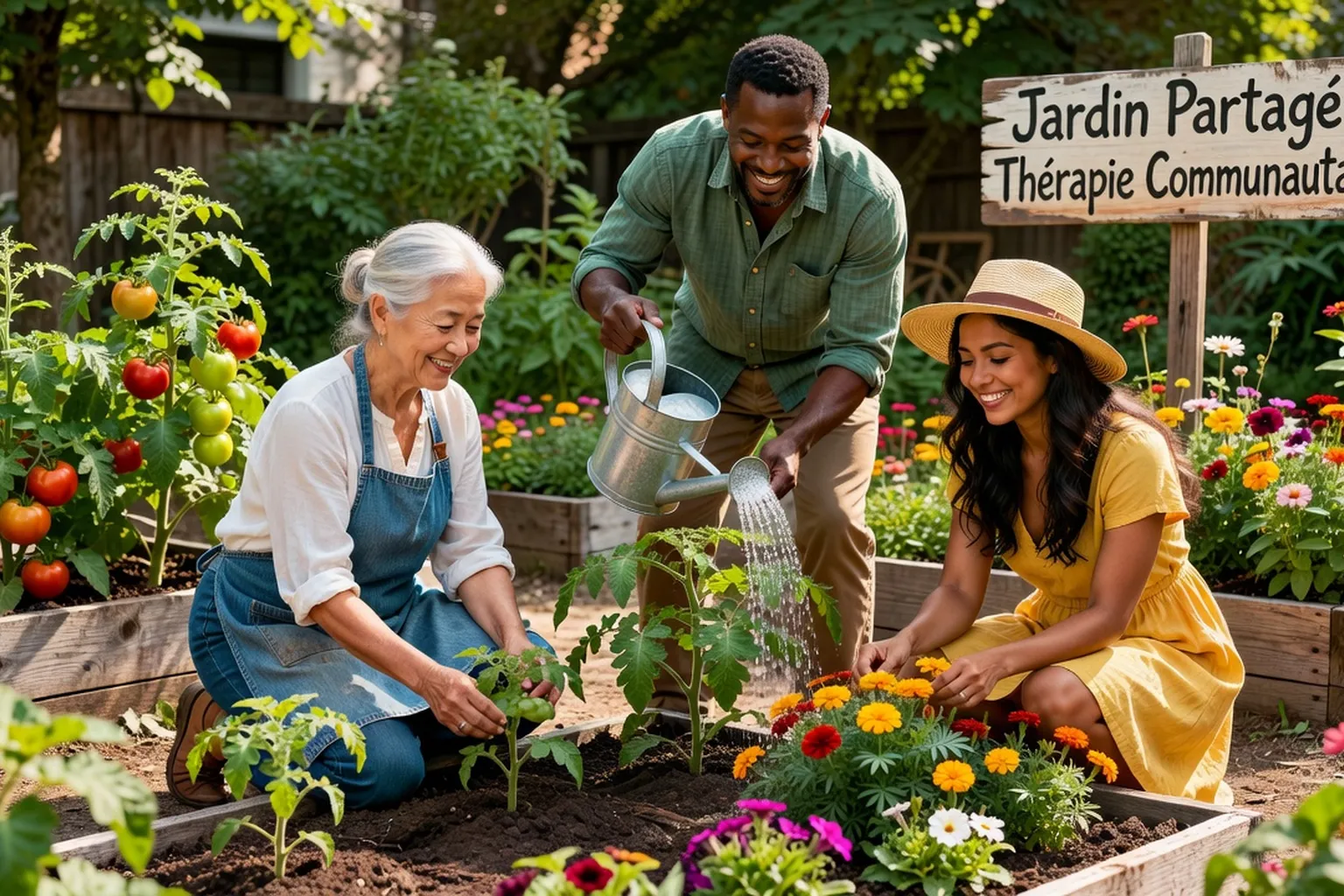 Groupe de trois personnes d'âges différents jardinant ensemble dans un jardin partagé urbain, arrosant des plants