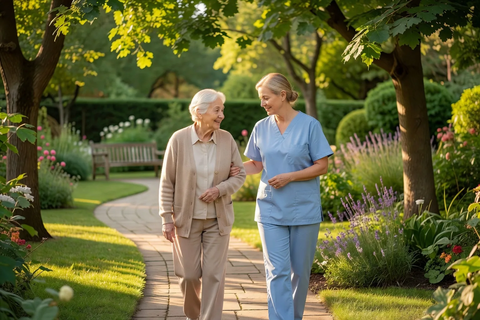 Personne âgée faisant une promenade accompagnée dans un parc, activité physique douce