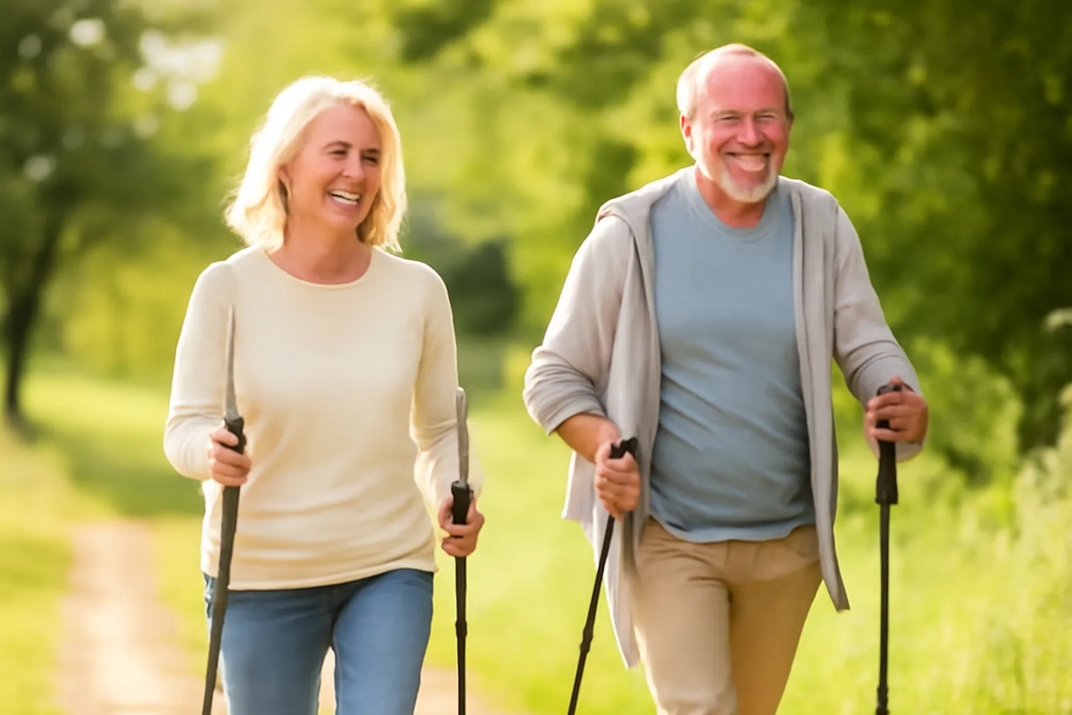 Couple de retraités souriants pratiquant la marche nordique sur un chemin de campagne verdoyant et ensoleillé