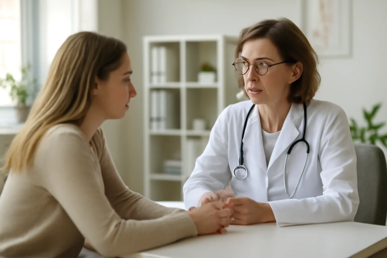 Femme adulte en consultation avec son médecin dans un cabinet lumineux, échange calme et bienveillant