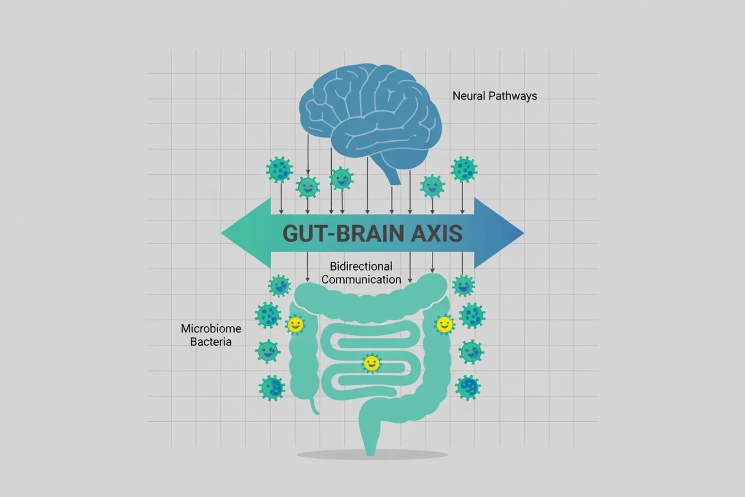 Schéma scientifique de l'axe intestin-cerveau montrant les connexions microbiome-neurones