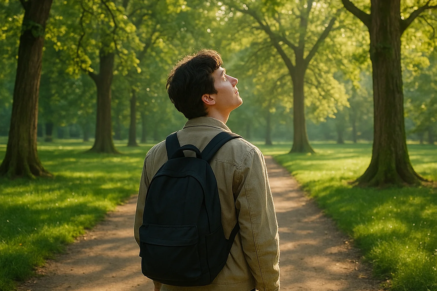 Personne marchant seule dans un parc boisé, utilisant l'activité physique comme distraction adaptée aux ruminations