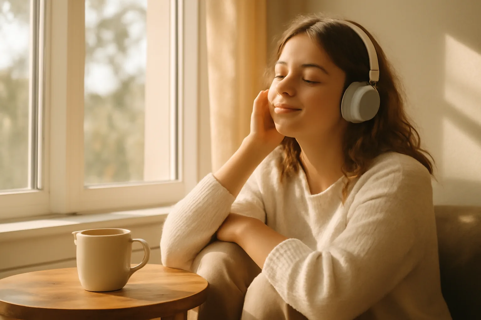 Personne écoutant de la musique avec des écouteurs près d'une fenêtre ensoleillée, une tasse de thé posée à portée de main