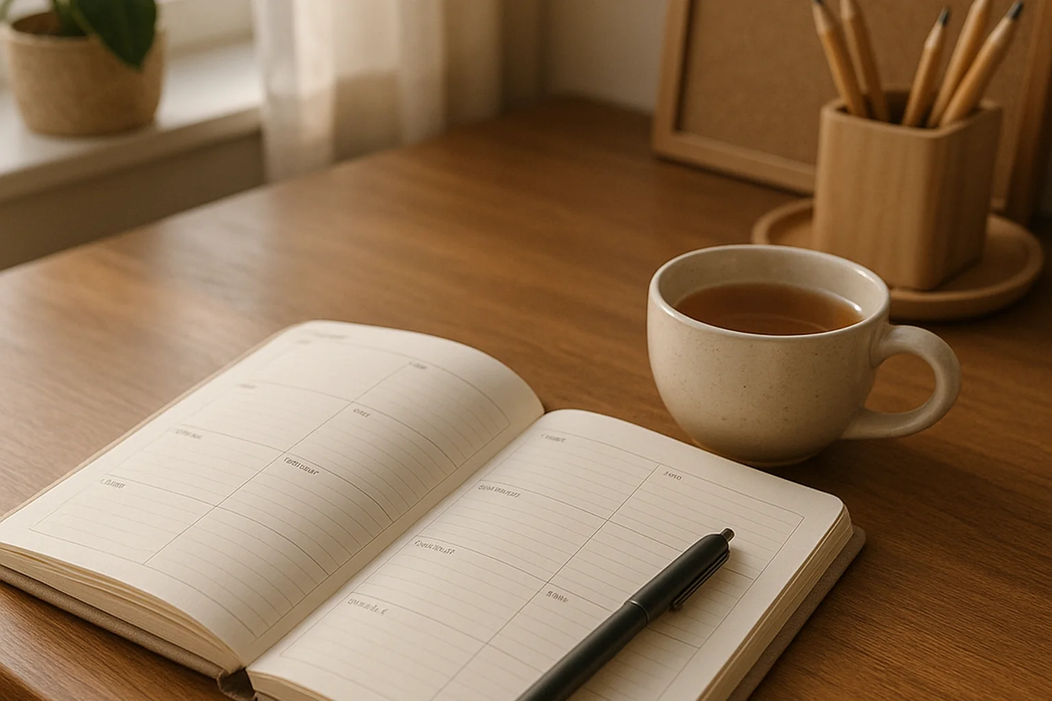 Bureau chaleureux avec un agenda hebdomadaire ouvert, un stylo et une tasse de thé, symbole de la planification d'activités en activation comportementale