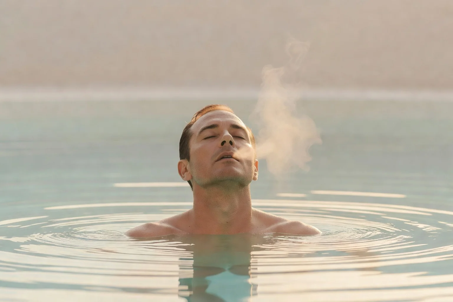Homme adulte détendu les yeux fermés, épaules immergées dans une piscine calme et lumineuse, expirant profondément pendant une séance de relaxation aquatique