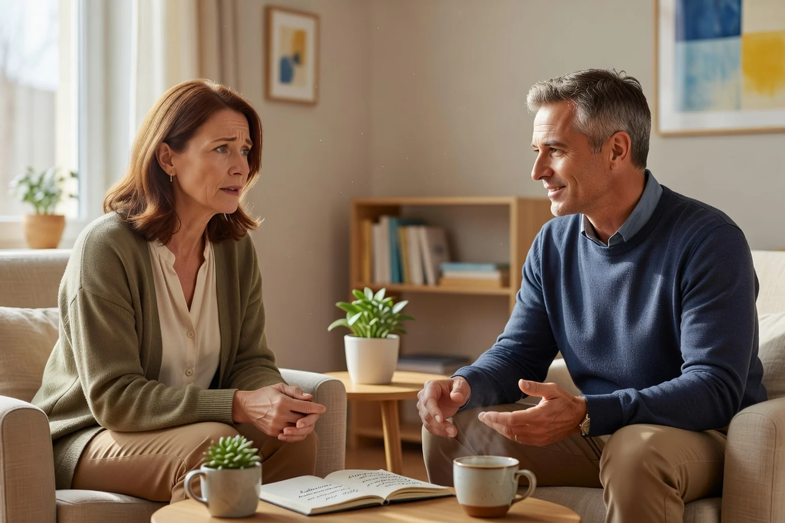 Agenda ouvert sur une table avec une liste d'activités simples annotée (marche, appel, repas), une tasse de thé et des stylos