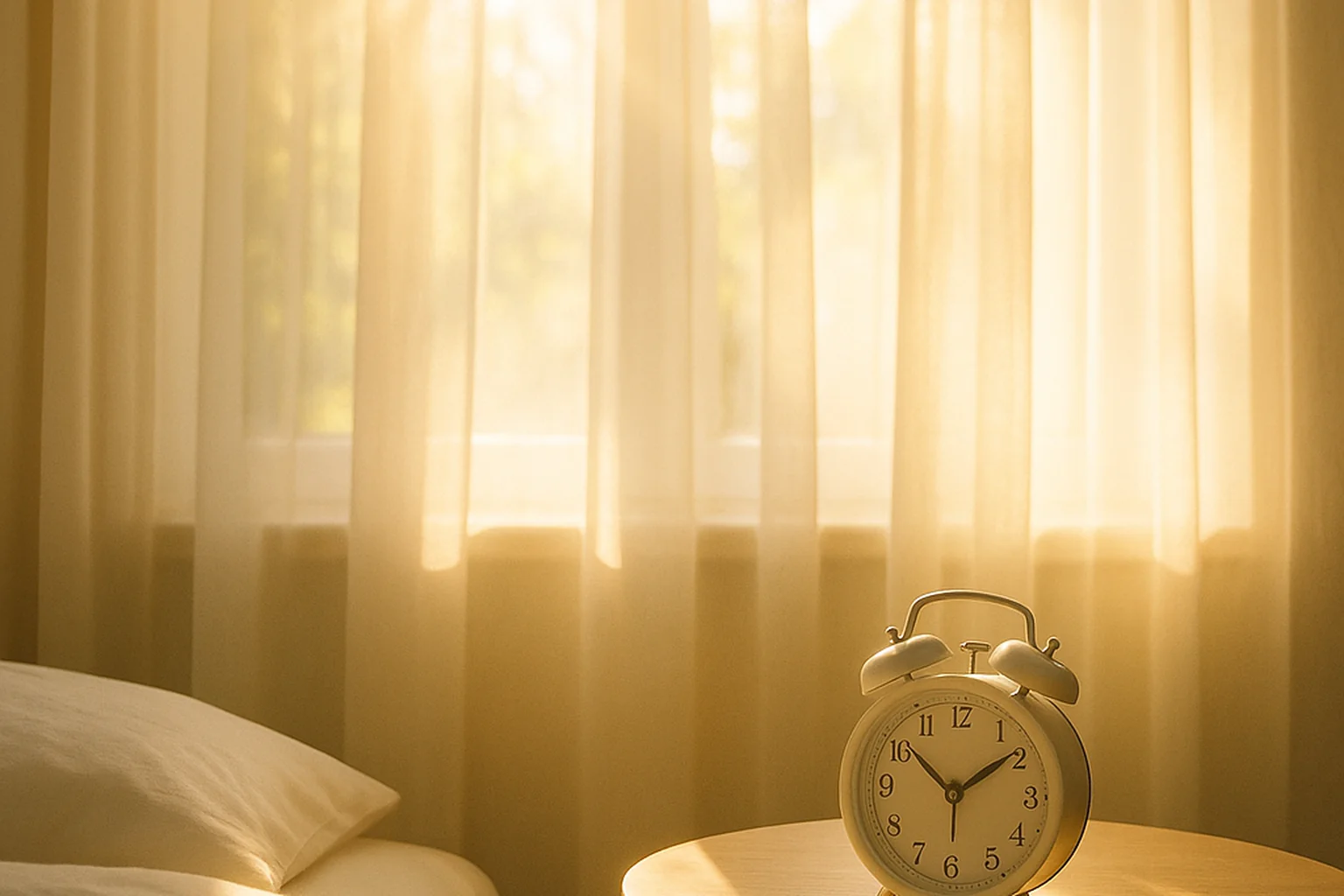 Chambre paisible à la lumière tamisée, avec un livre posé sur la table de chevet, évoquant un rituel d'endormissement apaisant