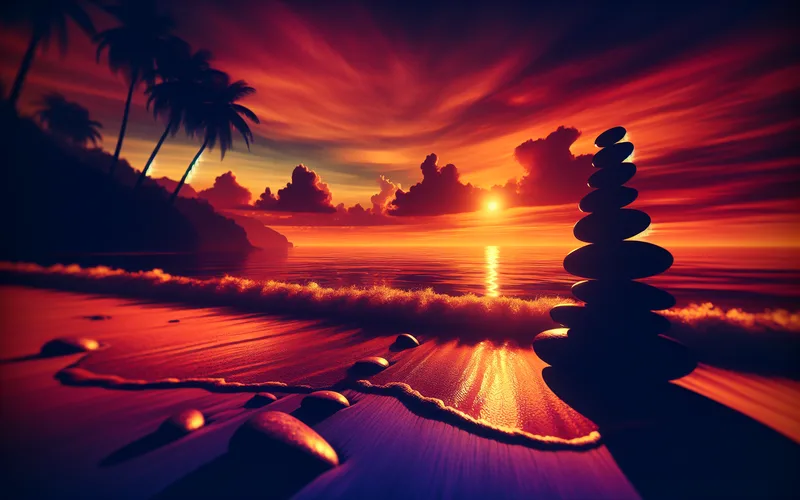Pierres en &eacute;quilibre sur une plage paisible au coucher du soleil, harmonie int&eacute;rieure