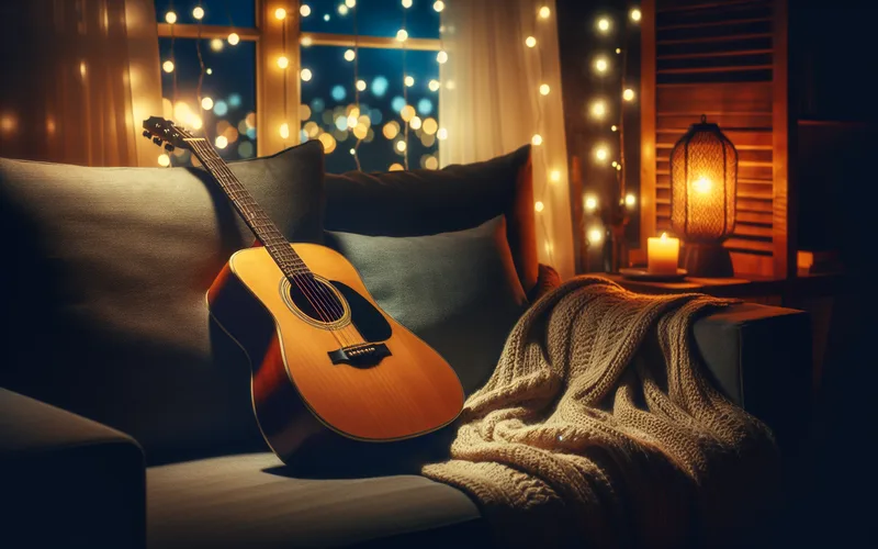 Guitare acoustique sur un canap&eacute; cosy avec guirlandes lumineuses