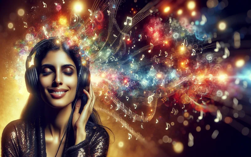 Personne portant un casque audio et souriant les yeux ferm&eacute;s, entour&eacute;e de notes musicales color&eacute;es