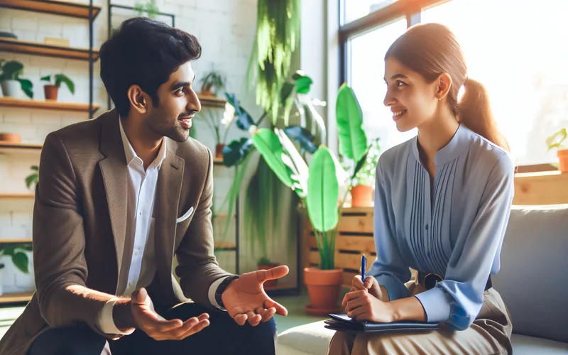 Deux personnes en conversation bienveillante dans une pi&egrave;ce lumineuse avec des plantes