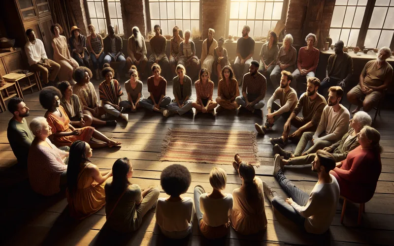 Groupe de personnes assises en cercle dans une pièce ensoleillée, soutien mutuel