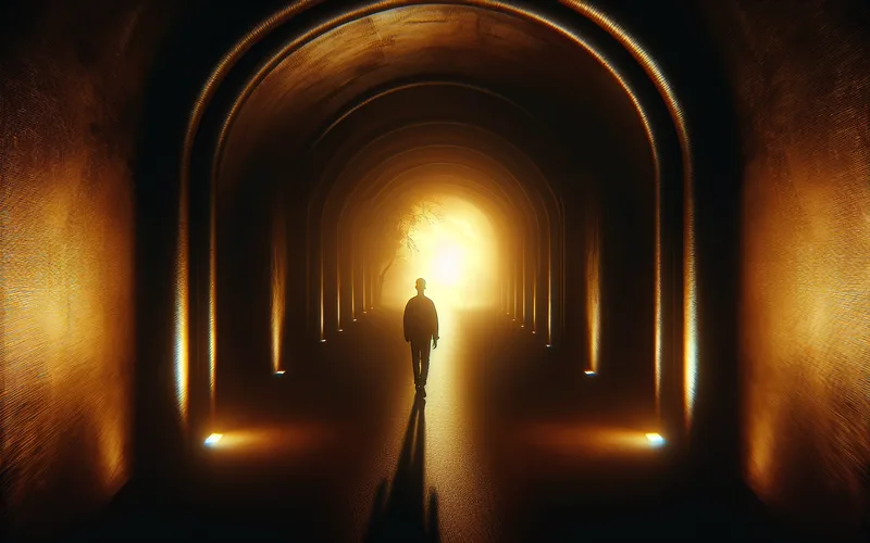 Lumière dorée au bout d'un tunnel, personne marchant vers l'espoir et le progrès