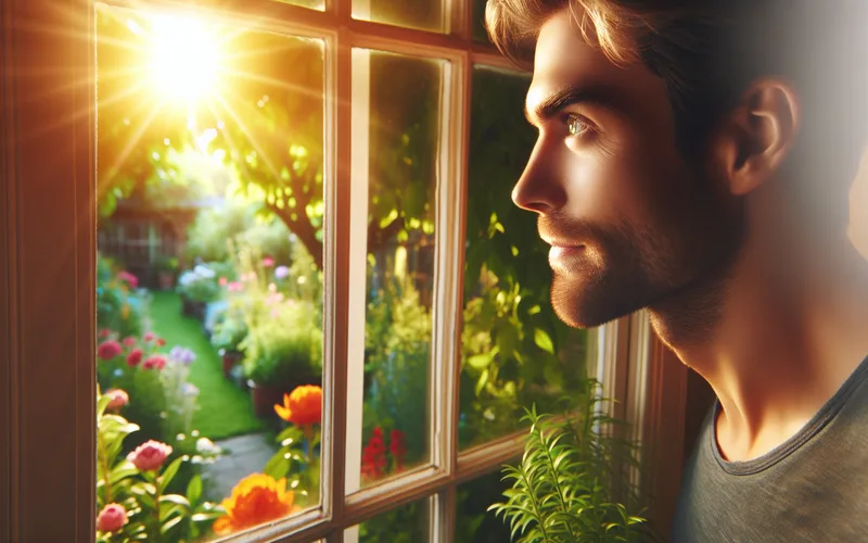 Personne regardant par la fenêtre un jardin ensoleillé, espoir et nouvelles possibilités