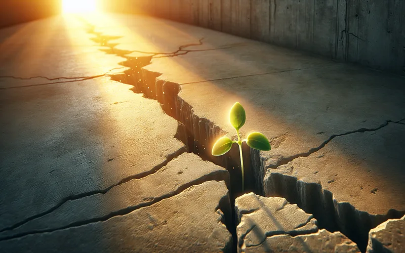 Jeune pousse perçant le béton dans la lumière chaude, résilience et renouveau