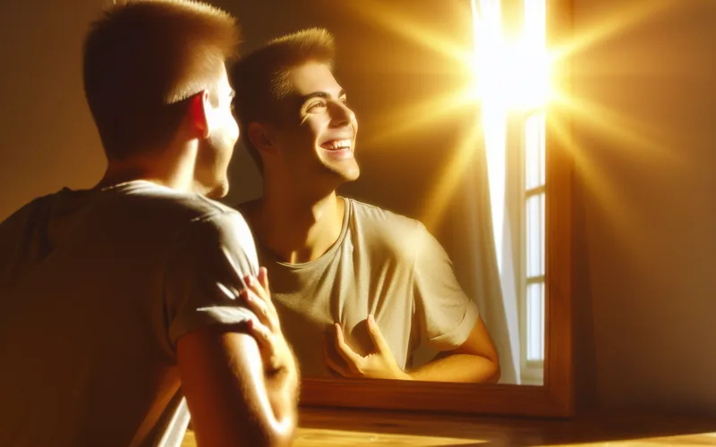 Personne souriante devant son reflet dans un miroir ensoleillé, acceptation de soi