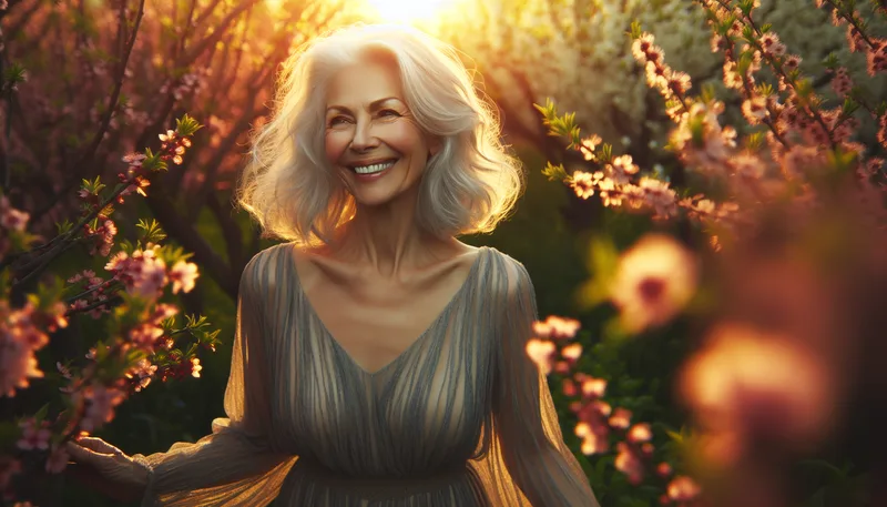 Femme de 60 ans souriante dans un jardin fleuri, symbolisant la renaissance après la crise de la soixantaine