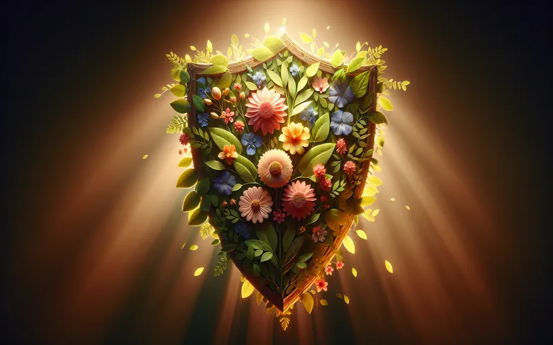 Bouclier fait de fleurs et de feuilles dans une lumière dorée, protection et résilience