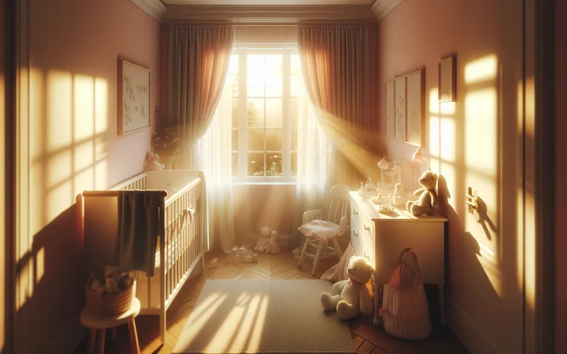 Douce lumière matinale traversant la fenêtre d'une chambre de bébé, atmosphère paisible et pleine d'espoir