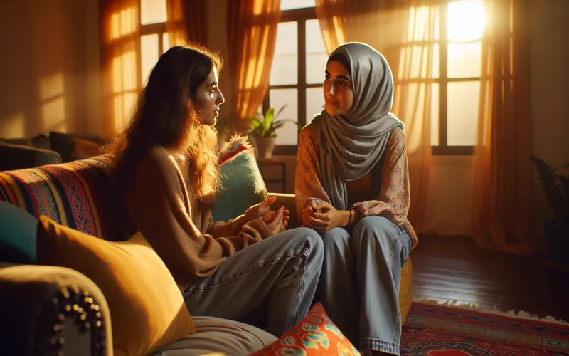 Deux femmes discutant avec bienveillance dans un salon ensoleillé, soutien et connexion